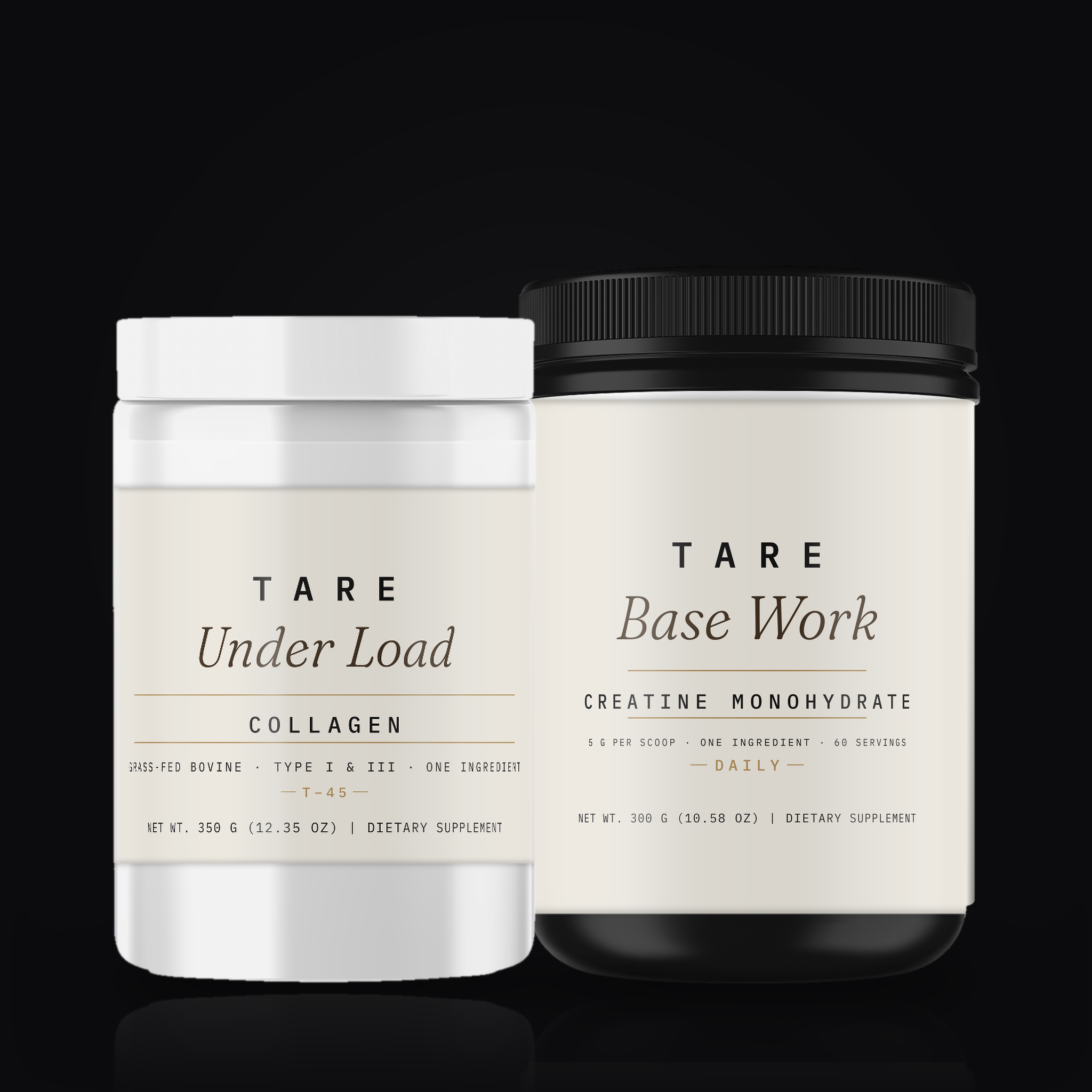 TARE The Two — Under Load collagen and Base Work creatine tubs together
